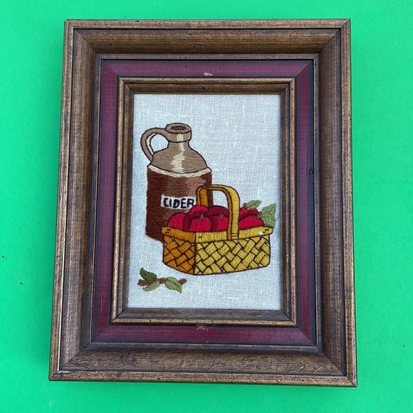 Crewel art frame needlework kitchen coffee grannycore  fall kitsch 70s vtg - Picture 4 of 12